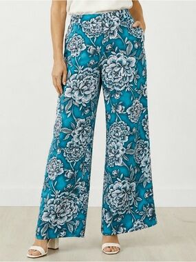 NEW Size 14P Worthington PETITE Blue White Floral Print Wide Leg Business Pants